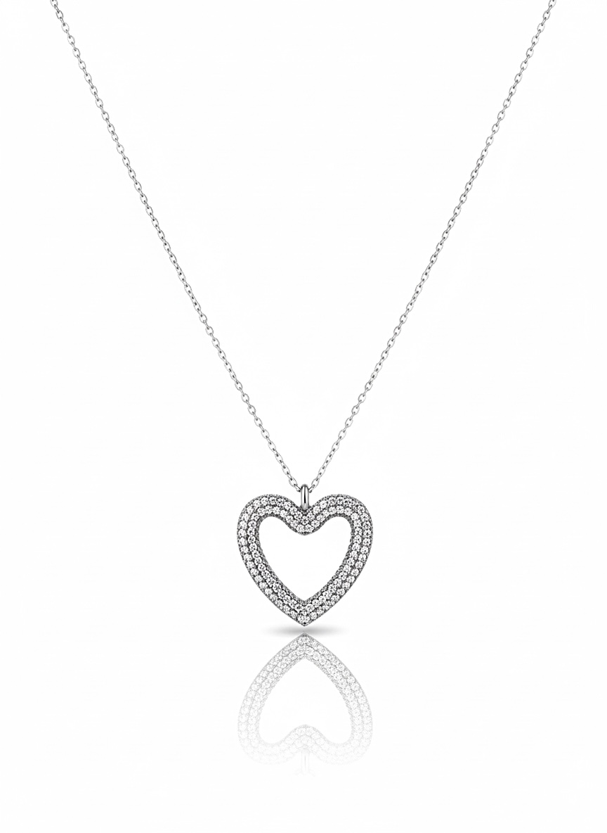 İçi Boş Silver Taşlı Kalp Kolye
