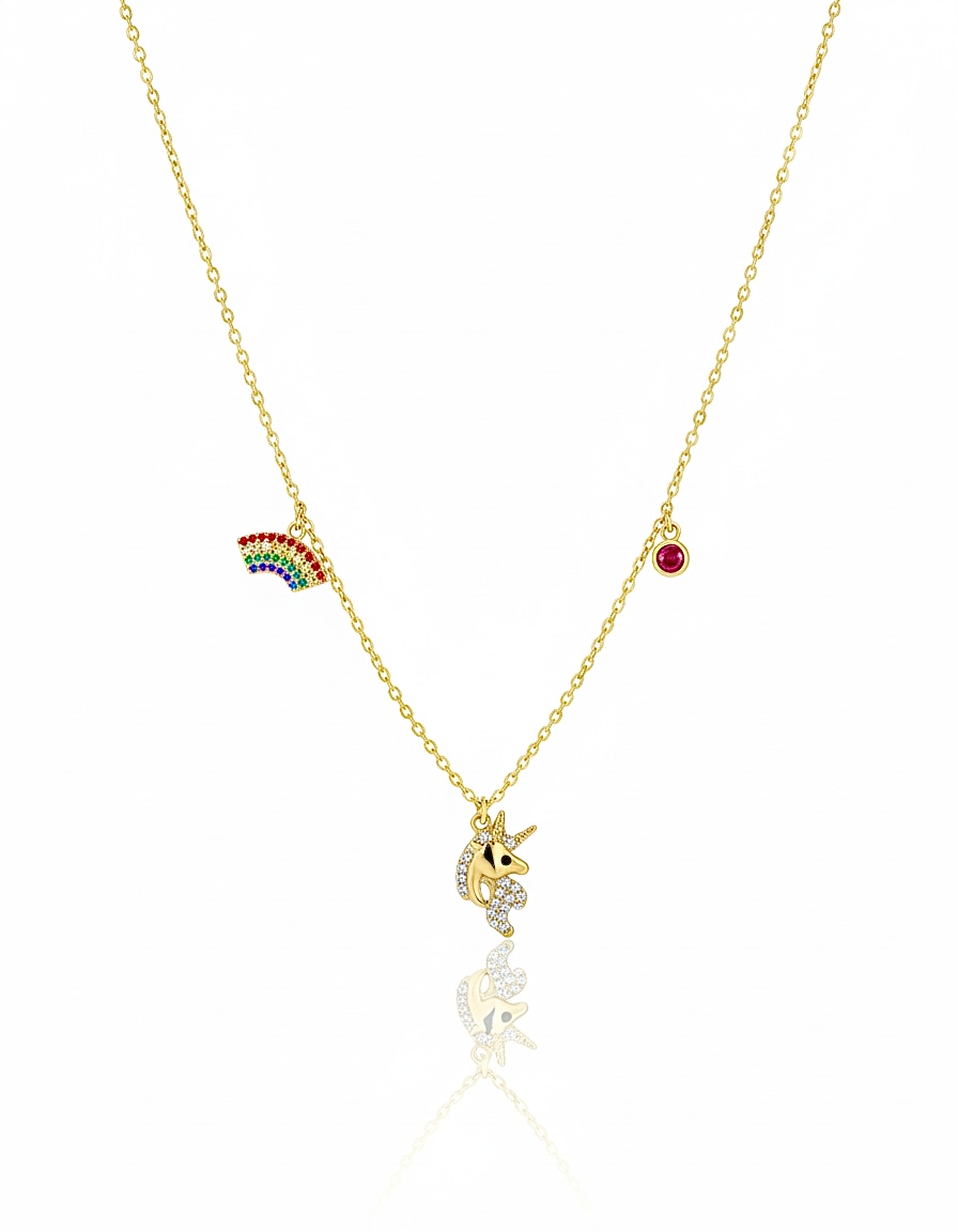 Gökkuşağı & Unicorn Gold Kolye | Çocuk Kolyesi