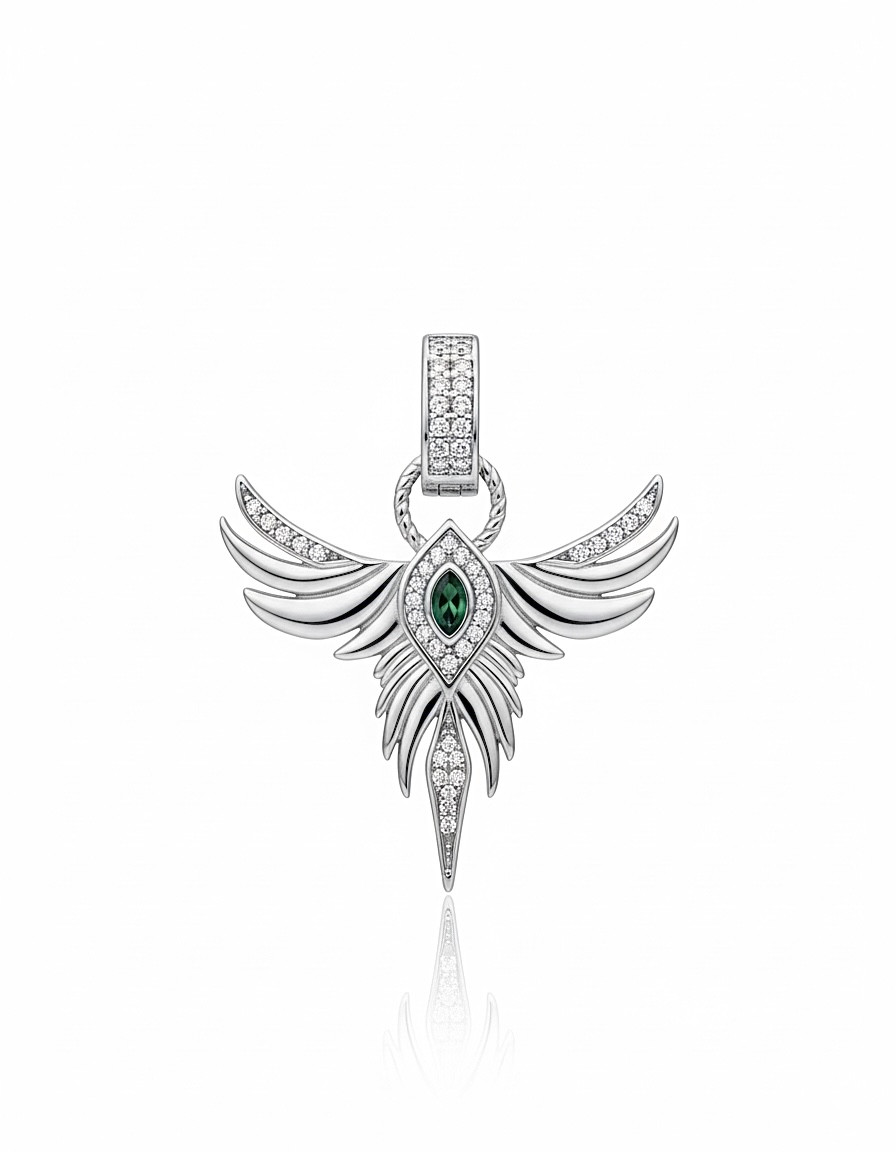 Yeşil Taşlı Anka Kuş Silver Kolye Ucu
