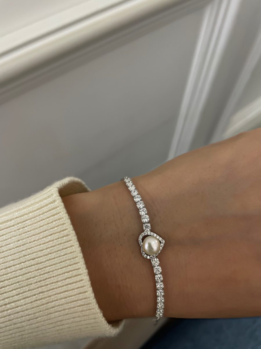 Taşlı Kalpli İncili Silver Bileklik