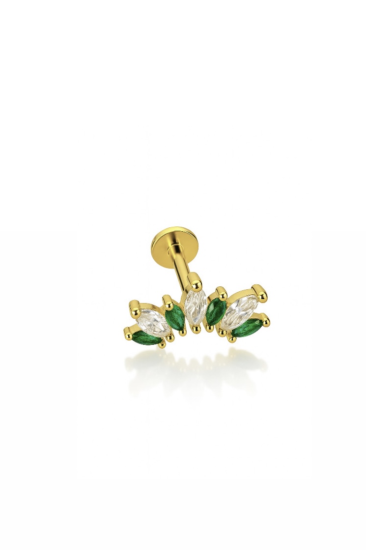 Yeşil Beyaz Taşlı Gold Taç Piercing