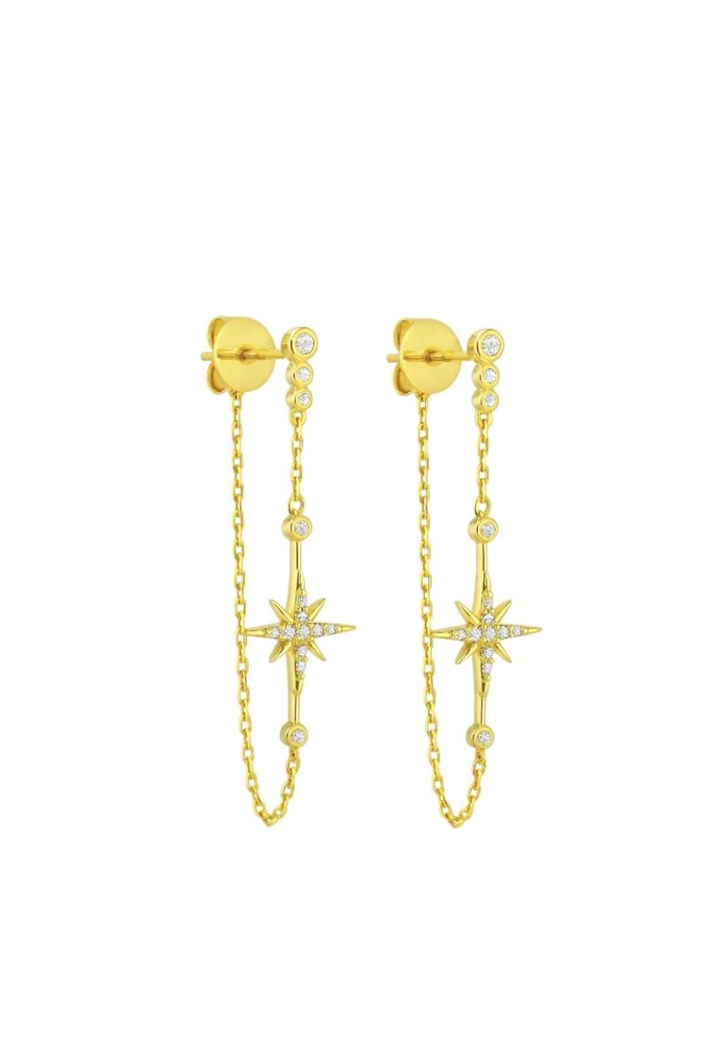 Taşlı Zincirli Kutup Yıldızı Gold Vidalı Küpe | New Collection