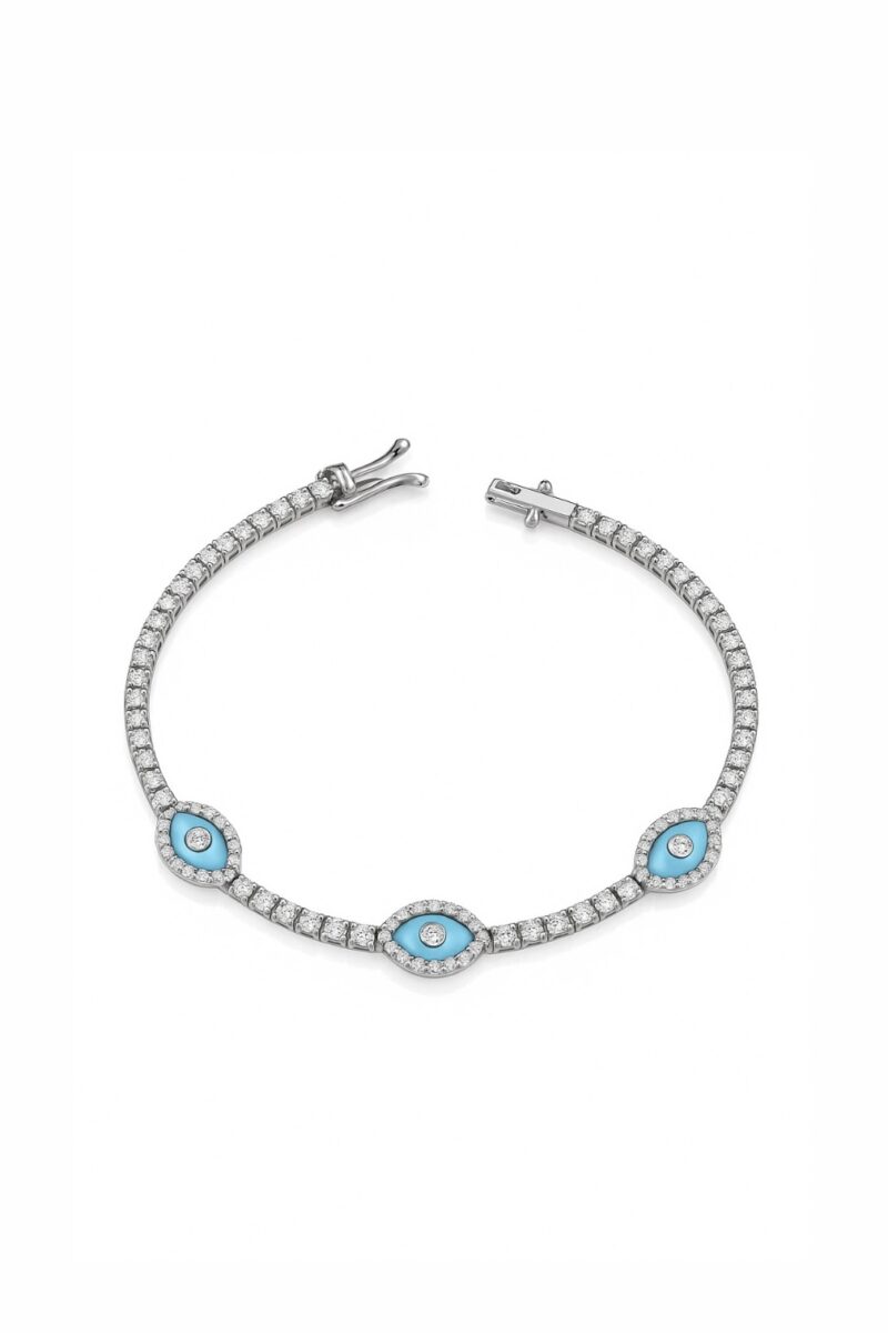 1 mm Su Yolu Firuze Taşlı Evil Eye Silver Tennis Bileklik | Üçlü