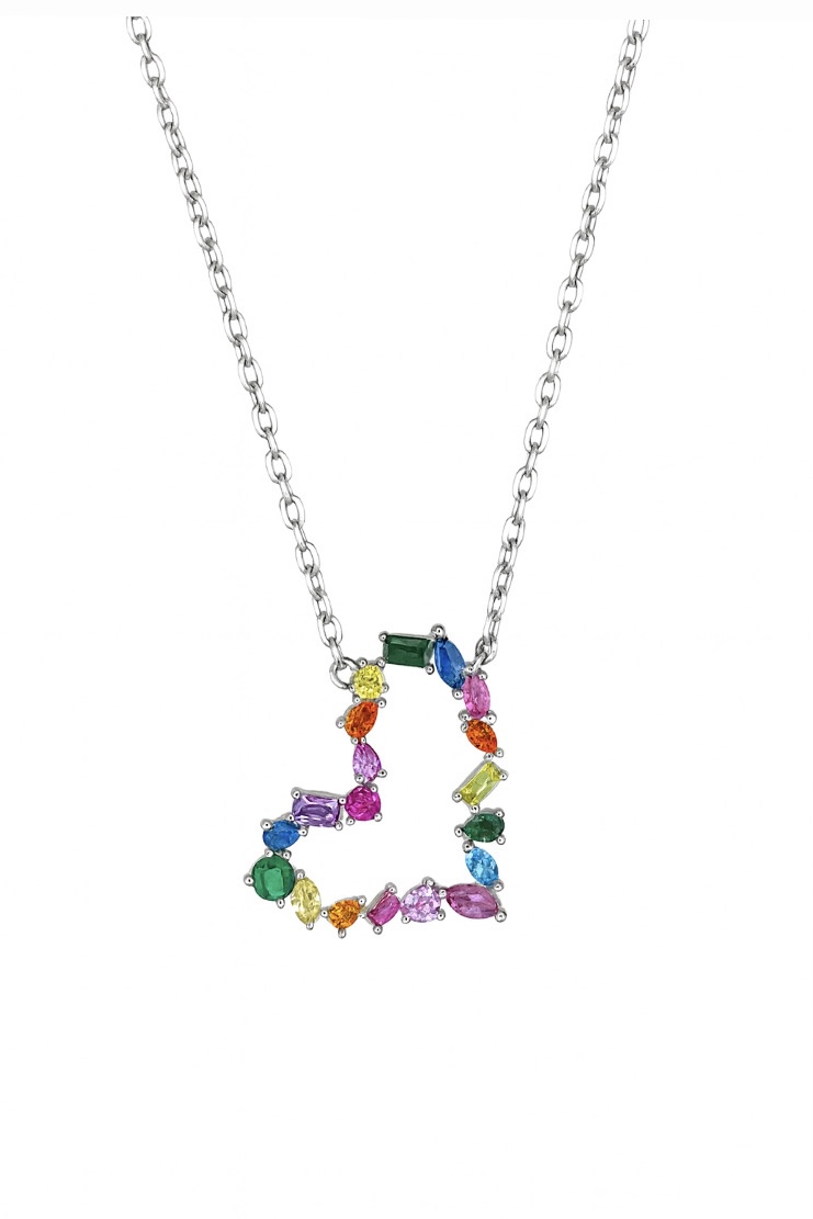 Mix Taşlı Rainbow Silver Kalp Kolye