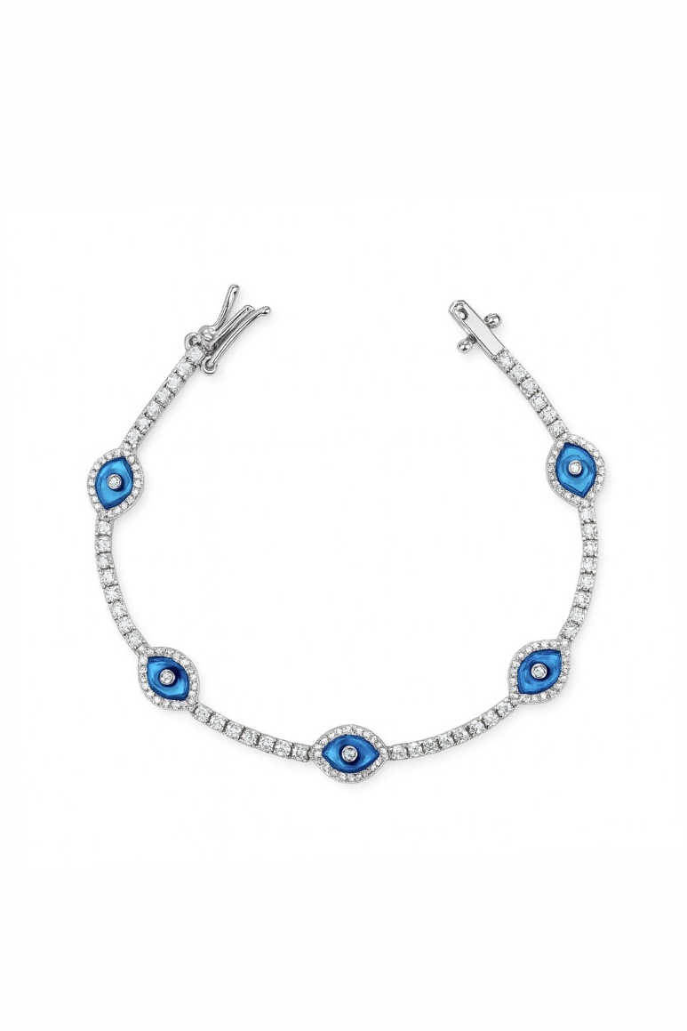1 mm Su Yolu Camgöz Taşlı Evil Eye Silver Tennis Bileklik | Beşli