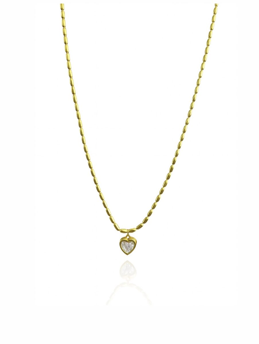 Oval Tohum Zincirli Gold Kalp Kolye