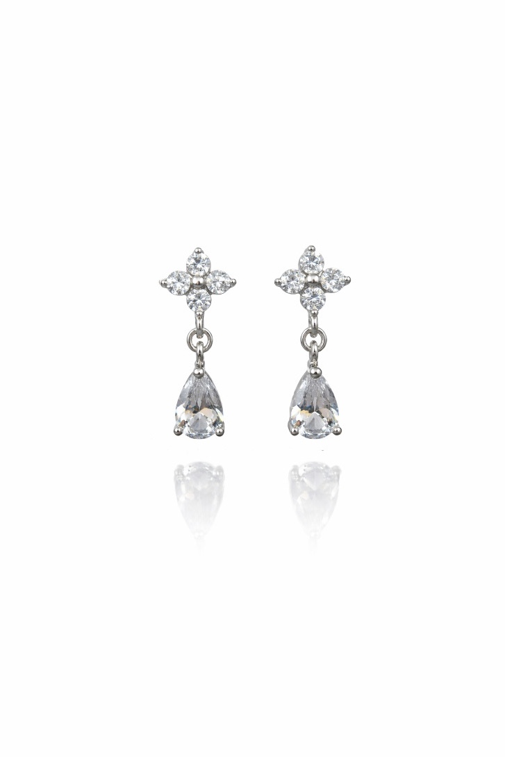 Mini Çiçek Damla Taş Sallantılı Silver Vidalı Küpe | New Collection