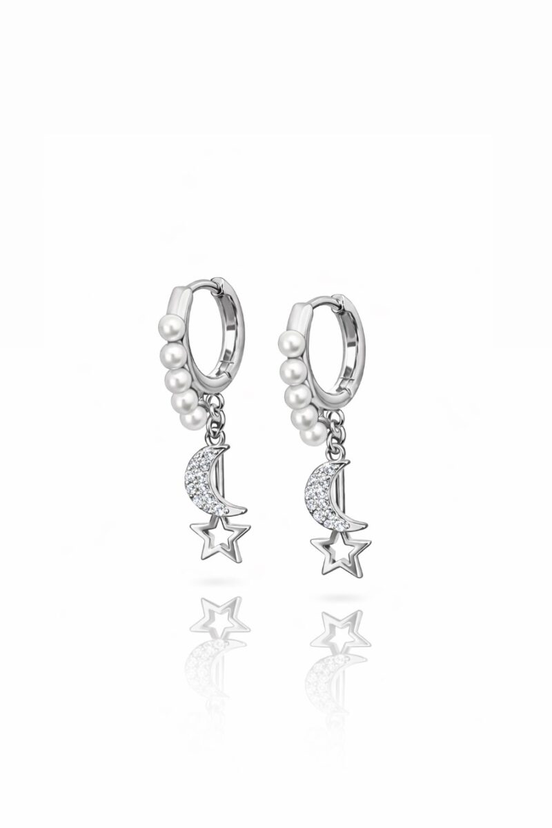 İncili Ay Yıldız Sallantılı Silver Halka Küpe | New Collection