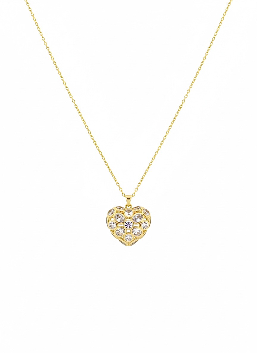 Taşlı Büyük Gold Kalp Kolye