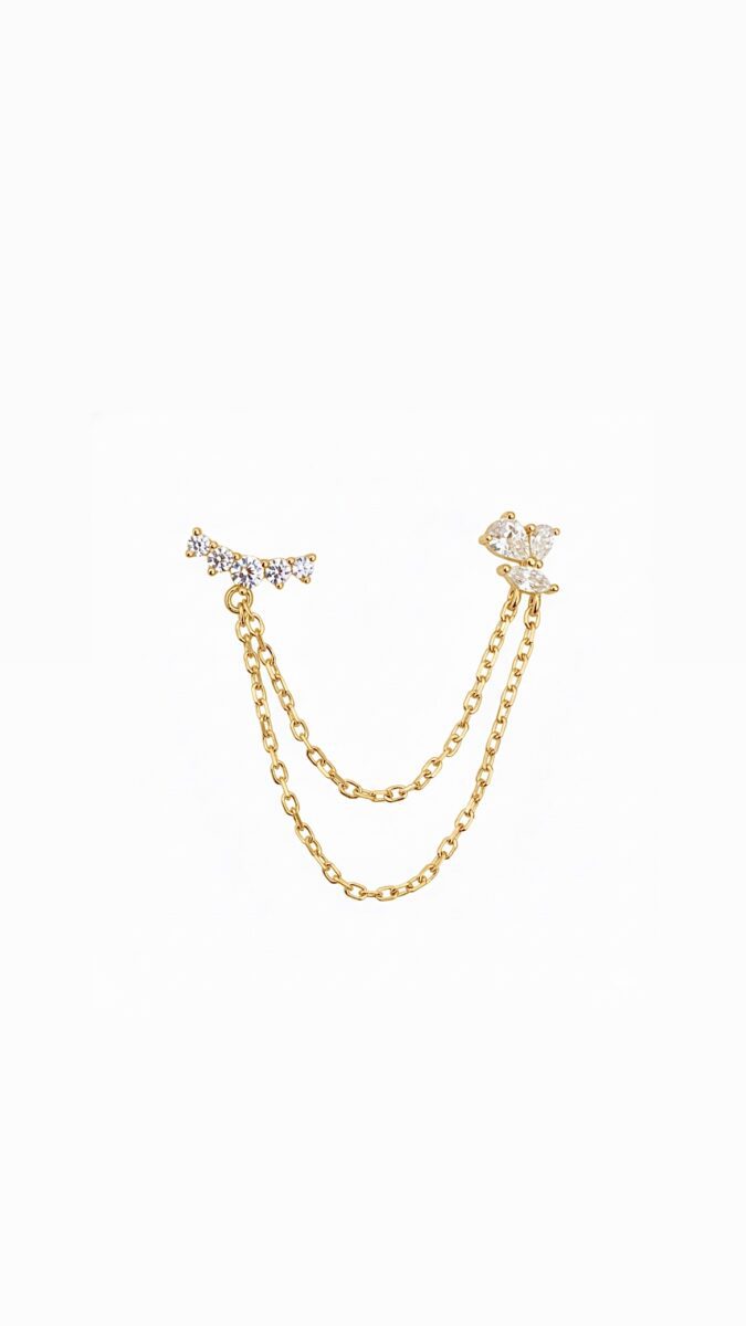 Çift Delikli Taşlı Zincirli Gold Vidalı Küpe | New Collection