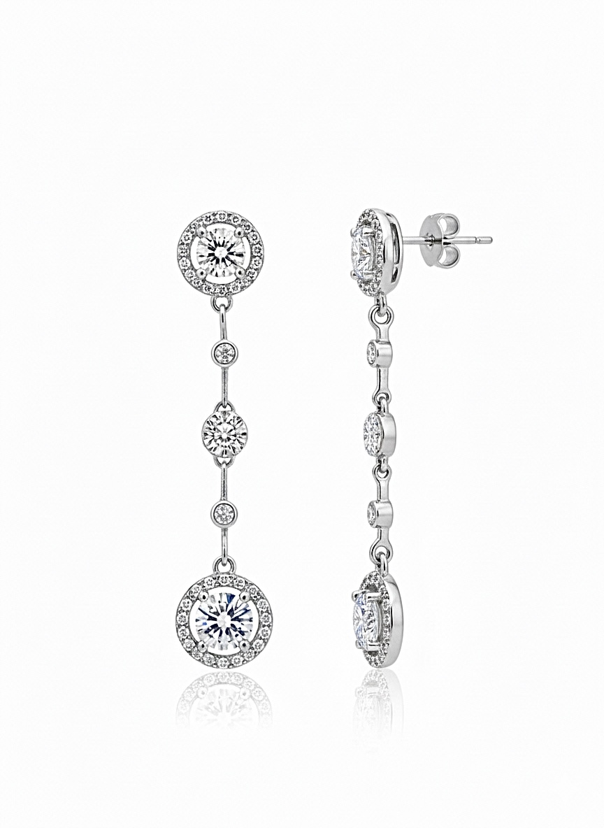 Yuvarlak Taşlı Pırlanta Model Sallantılı Silver Vidalı Küpe