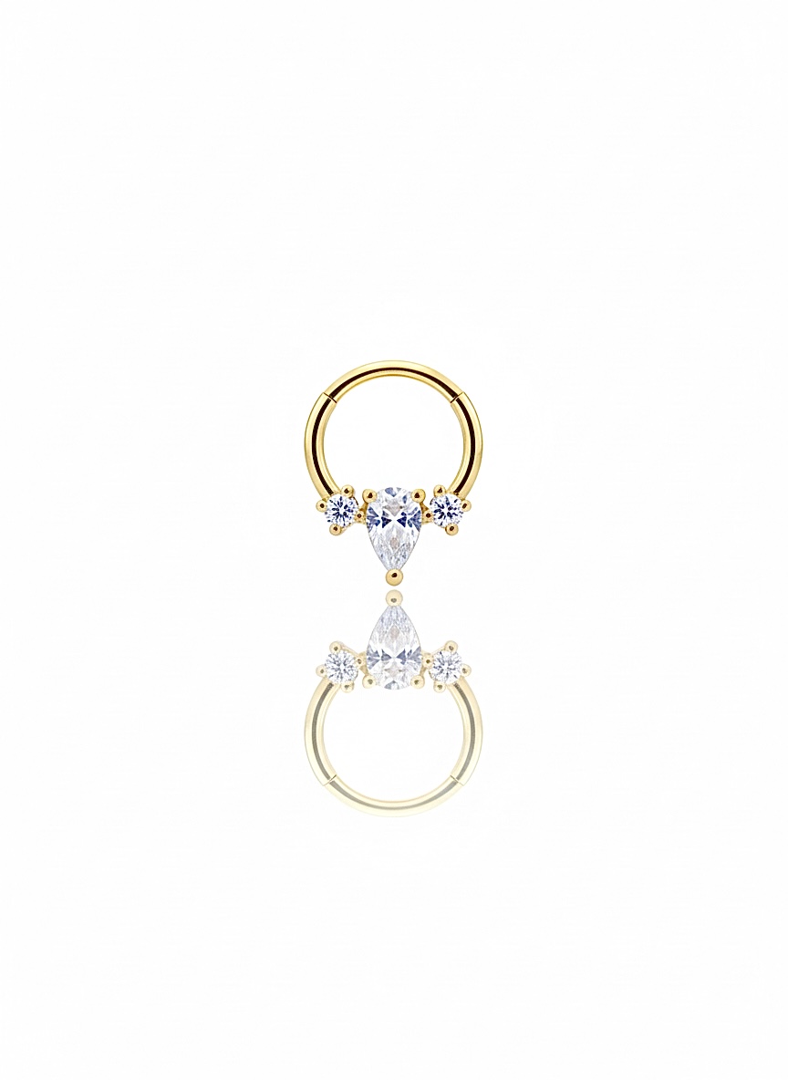 Lotus Model Tek Damla Taşlı Gold Halka Piercing