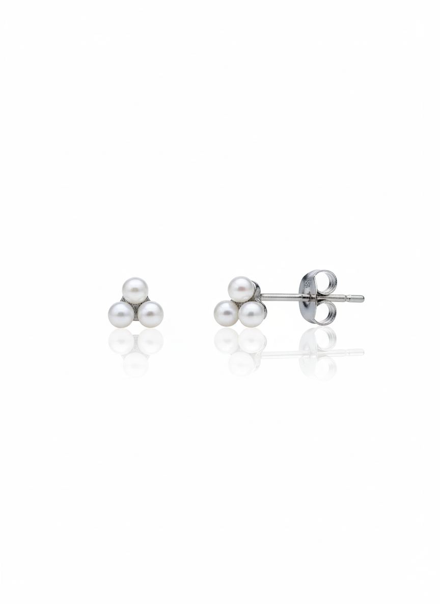 Mini Üç İncili Vidalı Silver Küpe