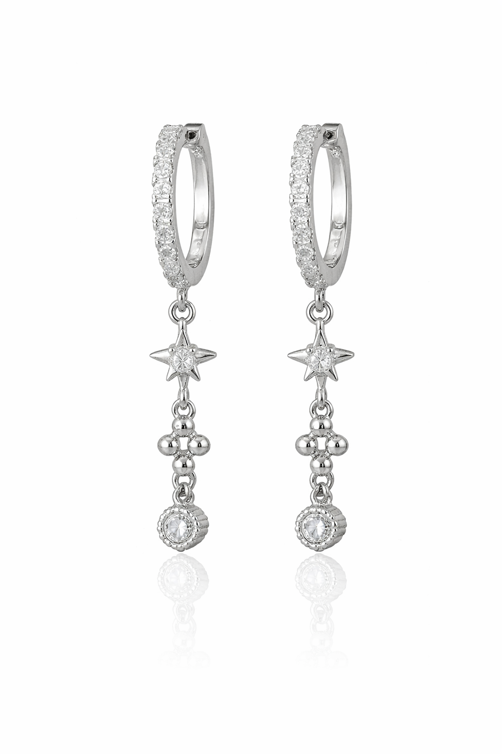 Taşlı Işıltılı Mini Kutup Yıldızı Motifli Sallantılı Silver Halka Küpe