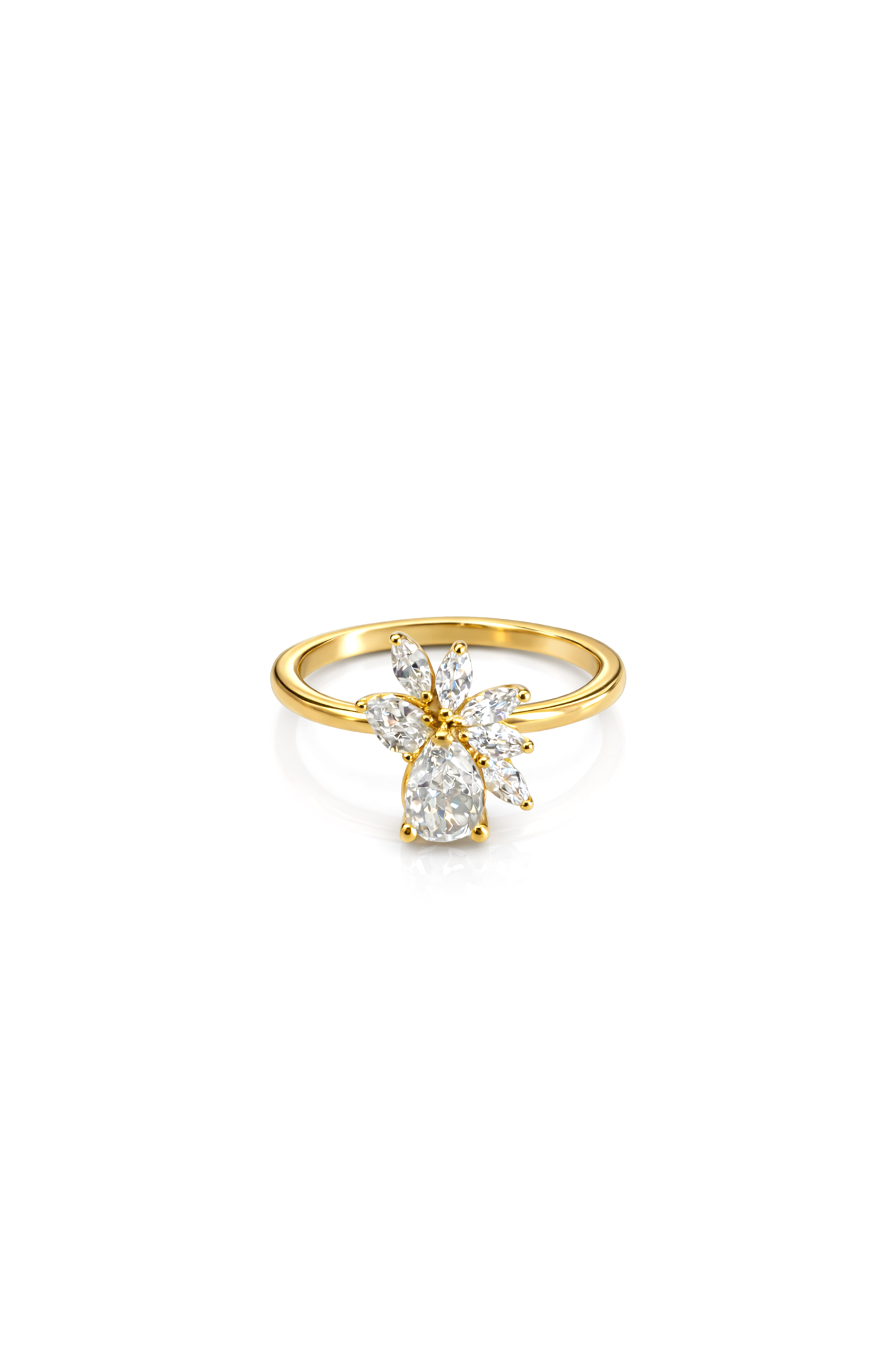 Büyük Damla Taşlı Gold Çiçek Yüzük | New Collection