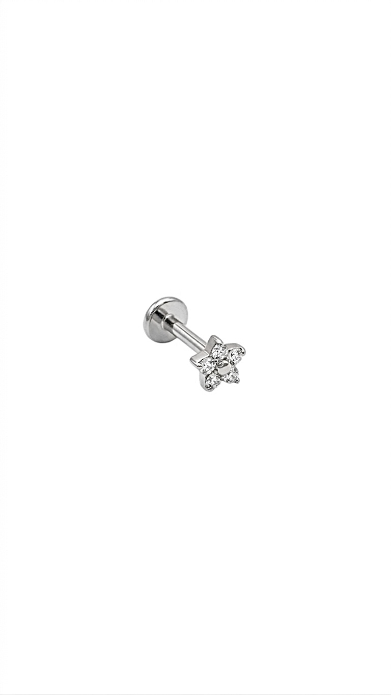 G23 Titanyum Taşlı Çiçek Piercing 7 mm x.1.2 mm Gümüş Rengi