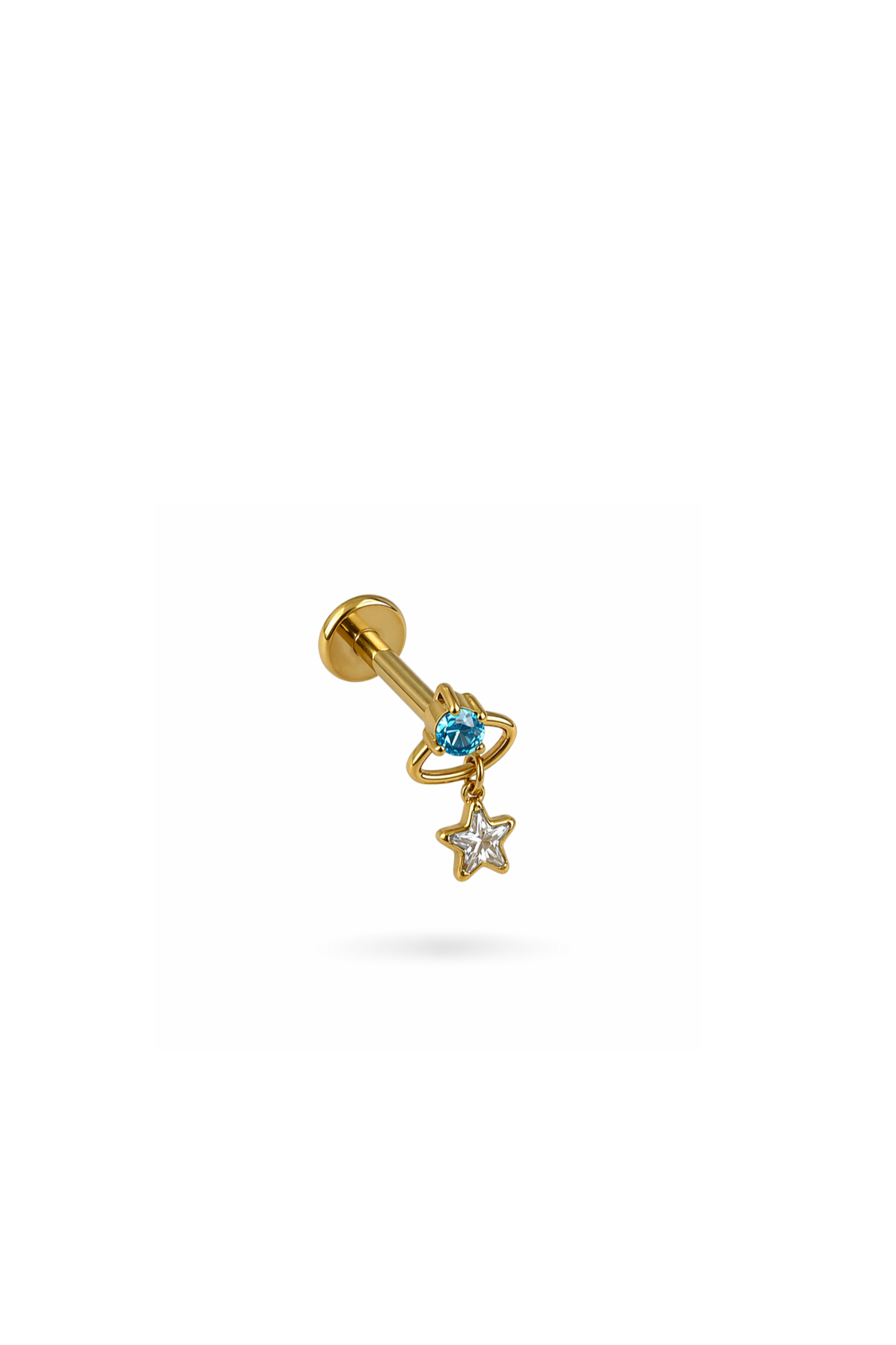 G23 Titanyum Mavi Taşlı Gezegenli Yıldız Sallantılı Piercing 6 mm x 1.2 mm Altın Rengi