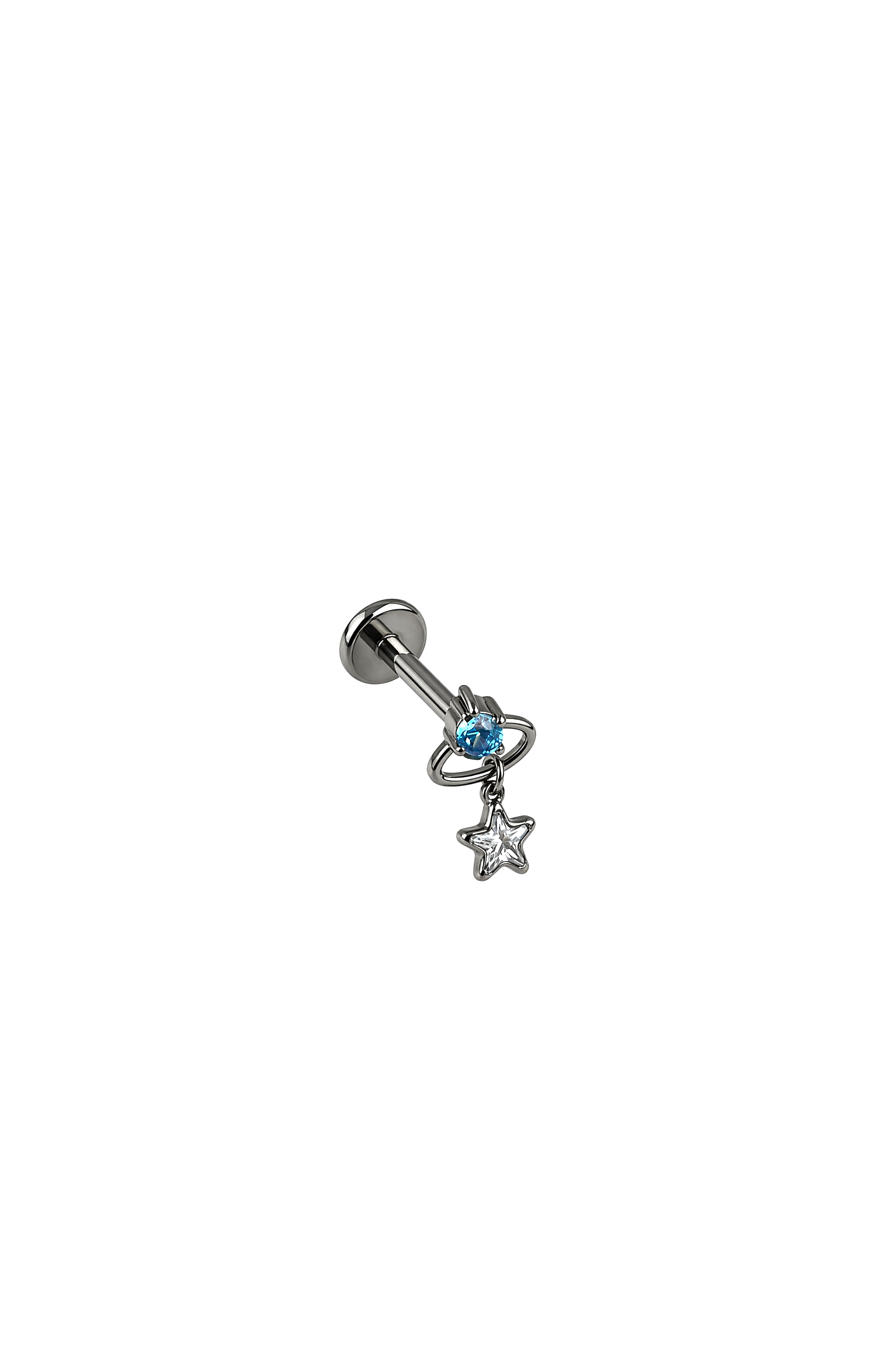G23 Titanyum Mavi Taşlı Gezegenli Yıldız Sallantılı Piercing 6 mm x 1.2 mm Gümüş Rengi