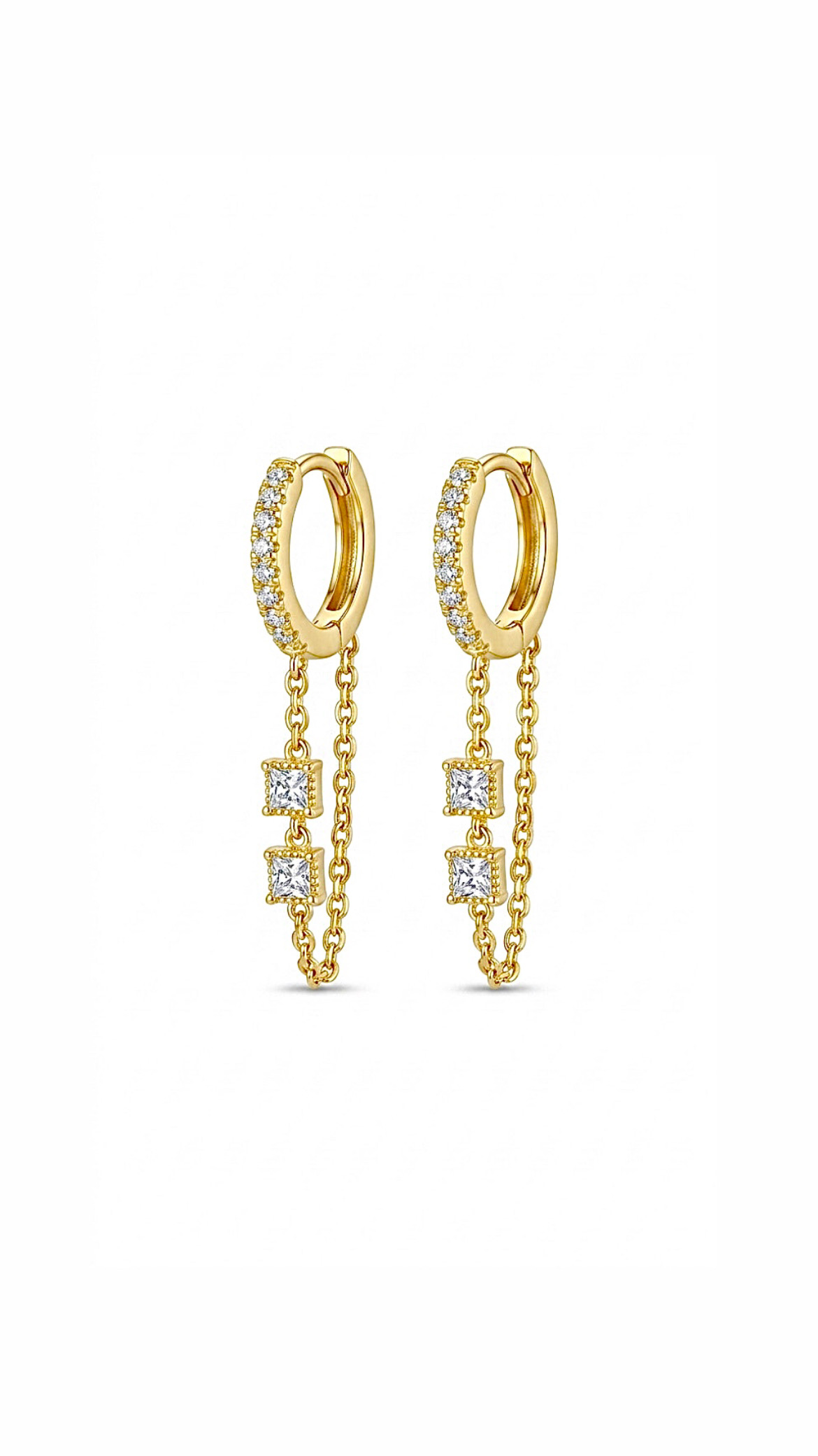 Işıltılı Mini Kare Taşlı Zincir Sallantılı Halka Gold Küpe