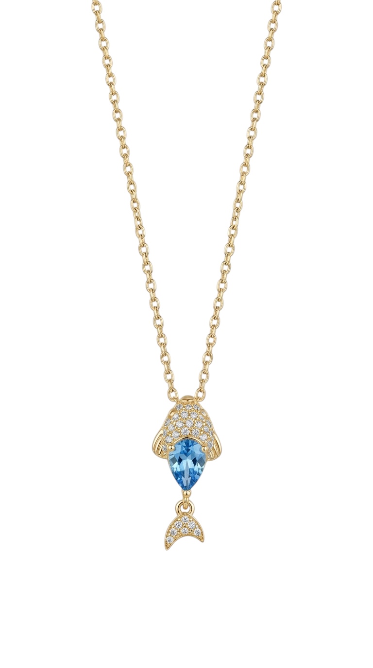 Aquamarine Taş Balık Kolye Gold
