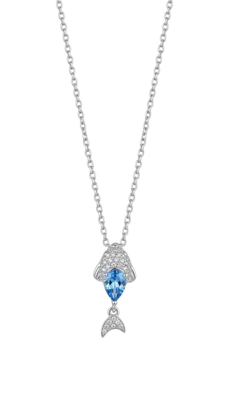 Aquamarine Taş Balık Kolye Silver