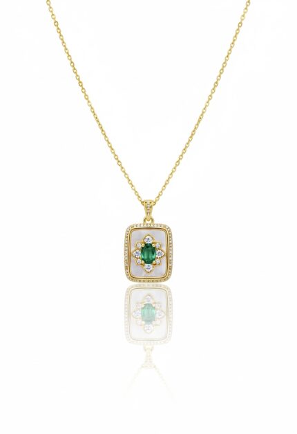 Yeşil Taşlı İçi Sedef Tasarım Kolye | Gold