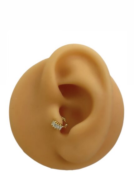 Desenli Baget Taşlı Tragus Halka Piercing Gold