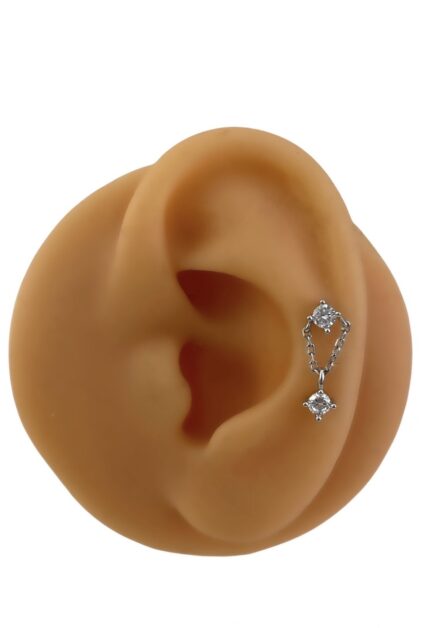 Taşlı Zincir Sallantılı Piercing / Silver