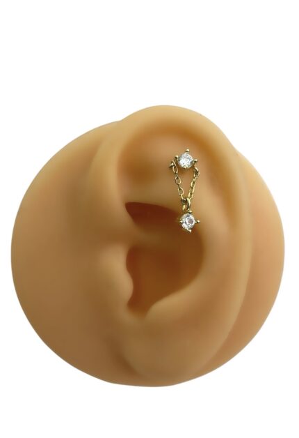Taşlı Zincir Sallantılı Piercing / Gold