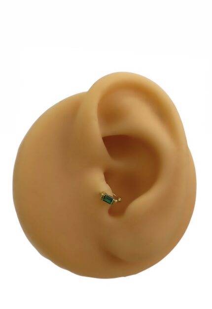 Yeşil Baget Taşlı Mini Tragus Halka Piercing / Gold