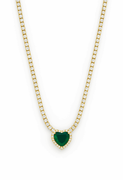 Tennis Yeşil Kalp Gold Kolye