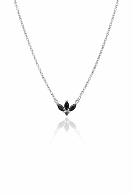 Siyah Taşlı Mini Lotus Kolye | Silver