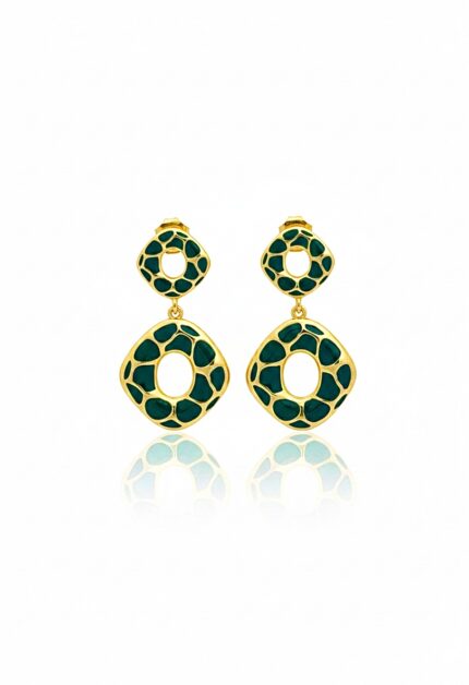 Yeşil Desenli Geo Küpe | Gold