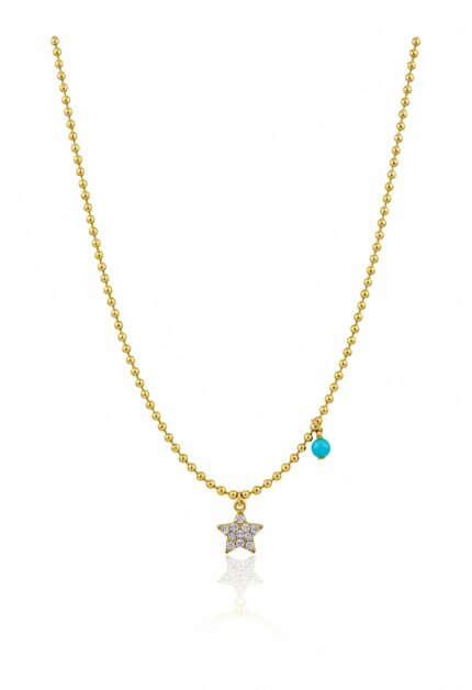 Topçuk Zincirli Yıldız Ve Firuze Taşlı Kolye | Gold