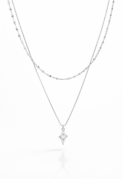 Çift Zincirli Taşlı İtalyan Kolye Silver |Kendinden Kombinli Kolye