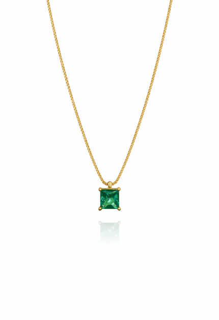 Su Yeşili Kare Tek Taş Kolye 14 Ayar Altın Kaplama