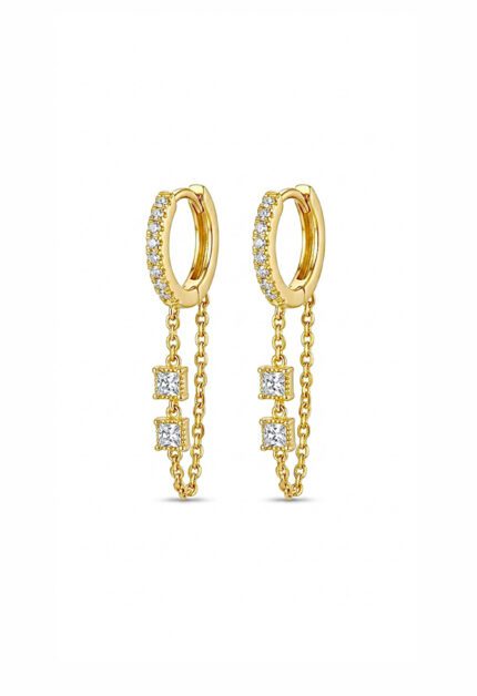 Işıltılı Mini Kare Taşlı Zincir Sallantılı Halka Gold Küpe