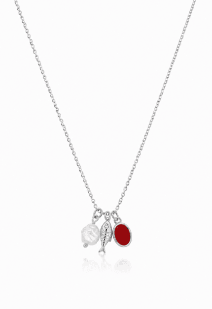 İncili Ve Mercanlı Balık Charmlı Kolye Silver